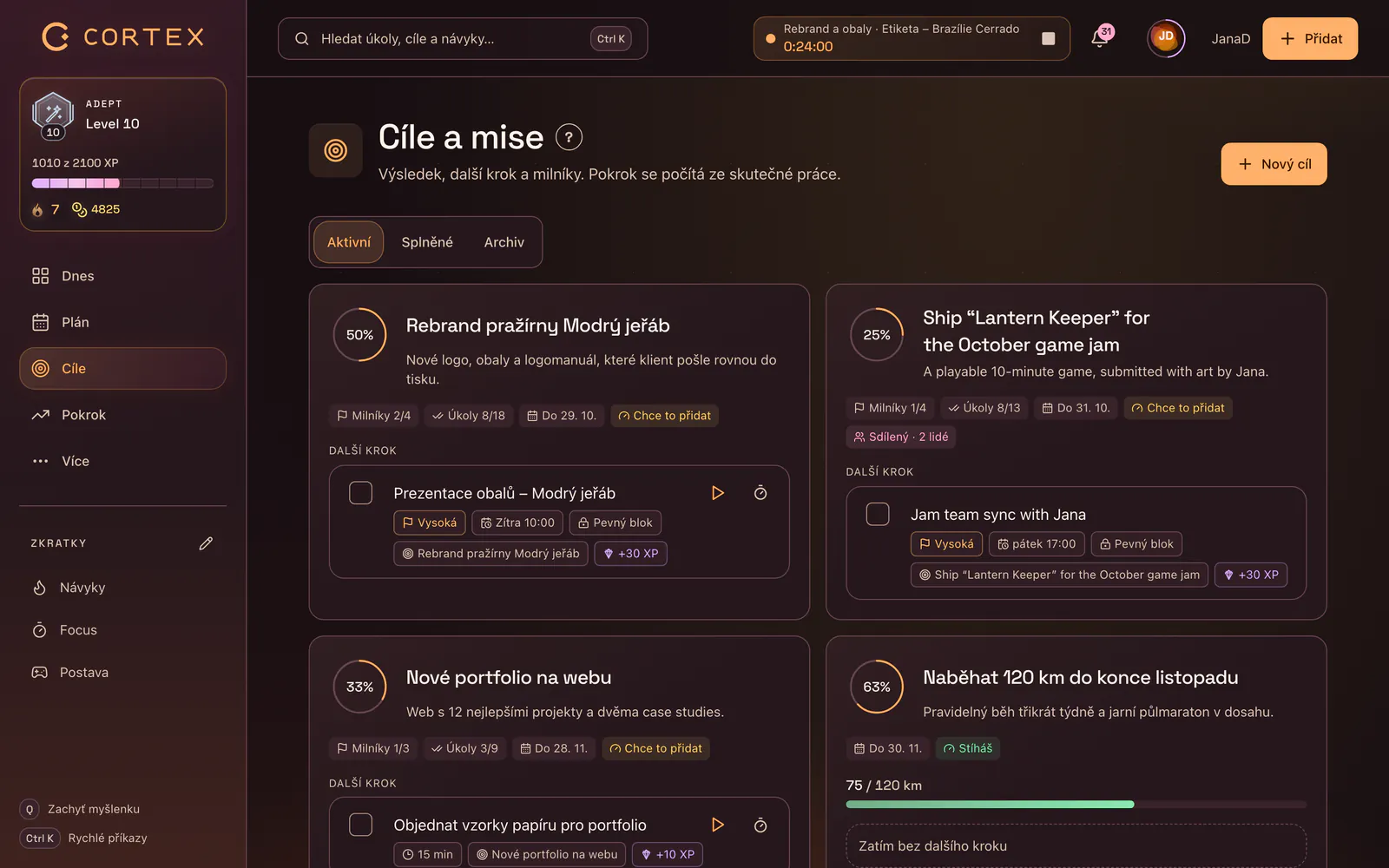 Ciele v CORTEXe s kategóriami, termínmi a pokrokom zo skutočných úloh