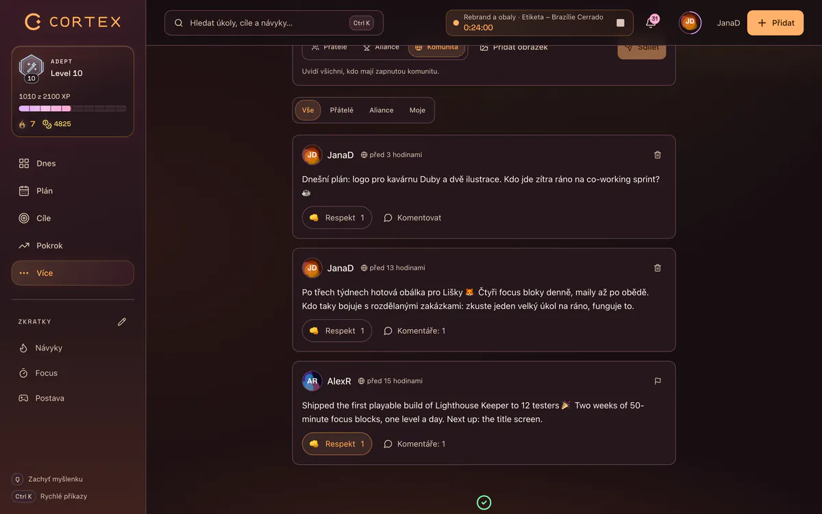 Komunita v CORTEXu: zeď se skutečným pokrokem, respekty, komentáře a momenty dne