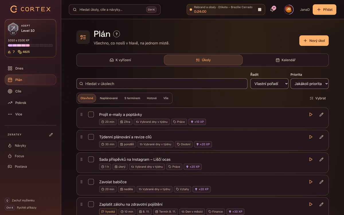 Bullet journal v aplikaci: úkoly na dnes s prioritou a odhadem času v plánovači CORTEX