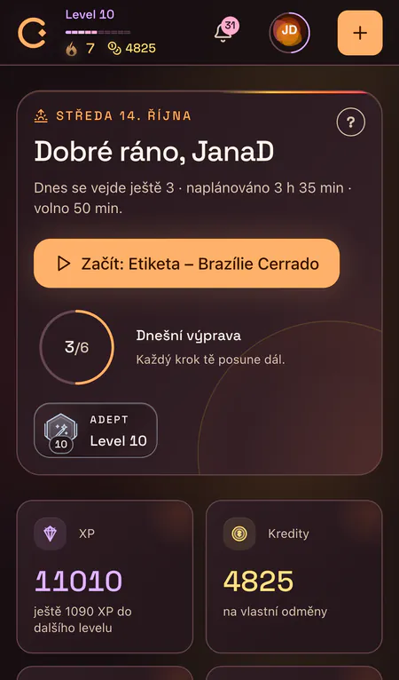 Deník spánku a energie v mobilní aplikaci CORTEX – přehled dne
