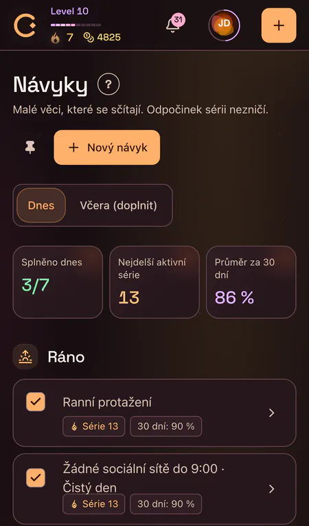 Dobré návyky a zlozvyky v mobilní aplikaci CORTEX