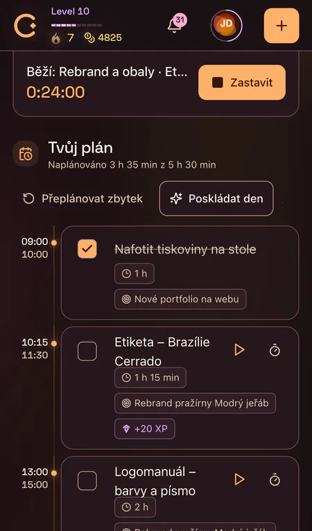 Plán dne v aplikaci CORTEX: nejdůležitější úkol v prvním bloku dne